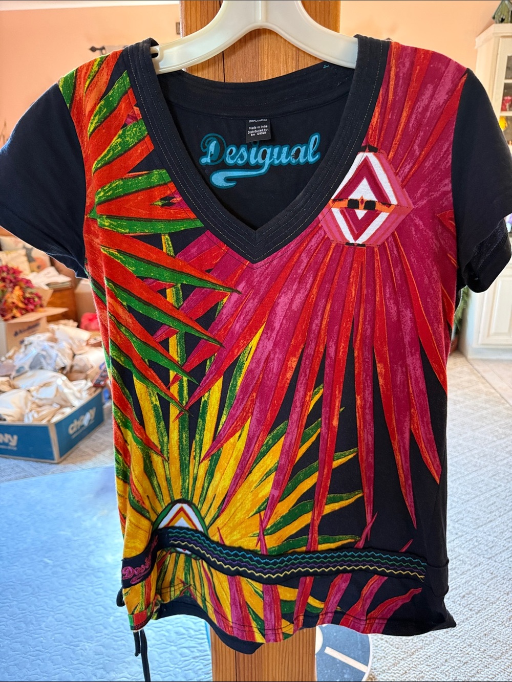 Desigual Black V-Neck Tee with Red, Pink, Yellow & Green Sunburst Print